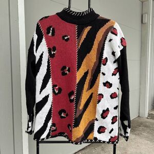 Bold Vintage Animal Print Sweater, 80s Statement Knit with Zebra & Leopard